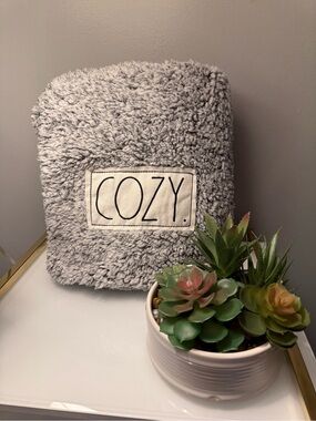 Rae Dunn “COZY” Plush Throw Blanket - Light Gray